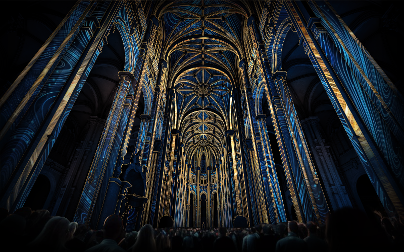 Ambiance majestueuse d’un concert musique classique dans une église parisienne historique, avec lumière filtrée